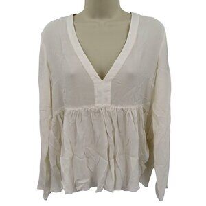 Elizabeth and James Womens Medium Ivory Silk V Neck Blouse Shirt Top Long Sleeve